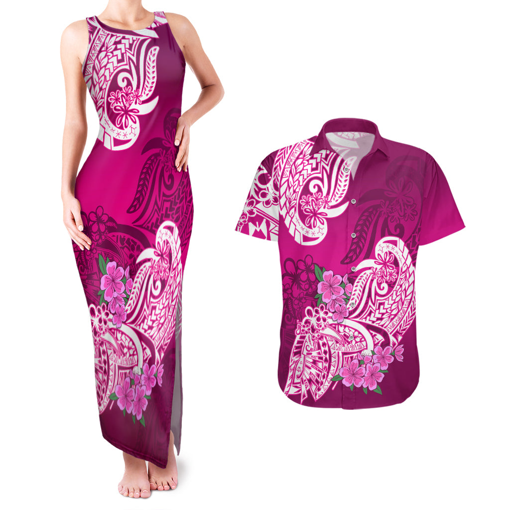 Polynesian Couples Matching Tank Maxi Dress And Hawaiian Shirt Pacific Flower Mix Floral Tribal Tattoo Pink Vibe LT9 Pink - Polynesian Pride