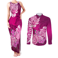 Polynesian Couples Matching Tank Maxi Dress and Long Sleeve Button Shirts Pacific Flower Mix Floral Tribal Tattoo Pink Vibe LT9 Pink - Polynesian Pride
