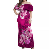 Polynesian Off Shoulder Maxi Dress Pacific Flower Mix Floral Tribal Tattoo Pink Vibe LT9 Women Pink - Polynesian Pride