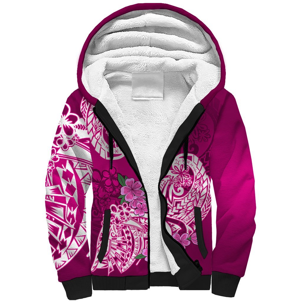 Polynesian Sherpa Hoodie Pacific Flower Mix Floral Tribal Tattoo Pink Vibe LT9 Unisex Pink - Polynesian Pride