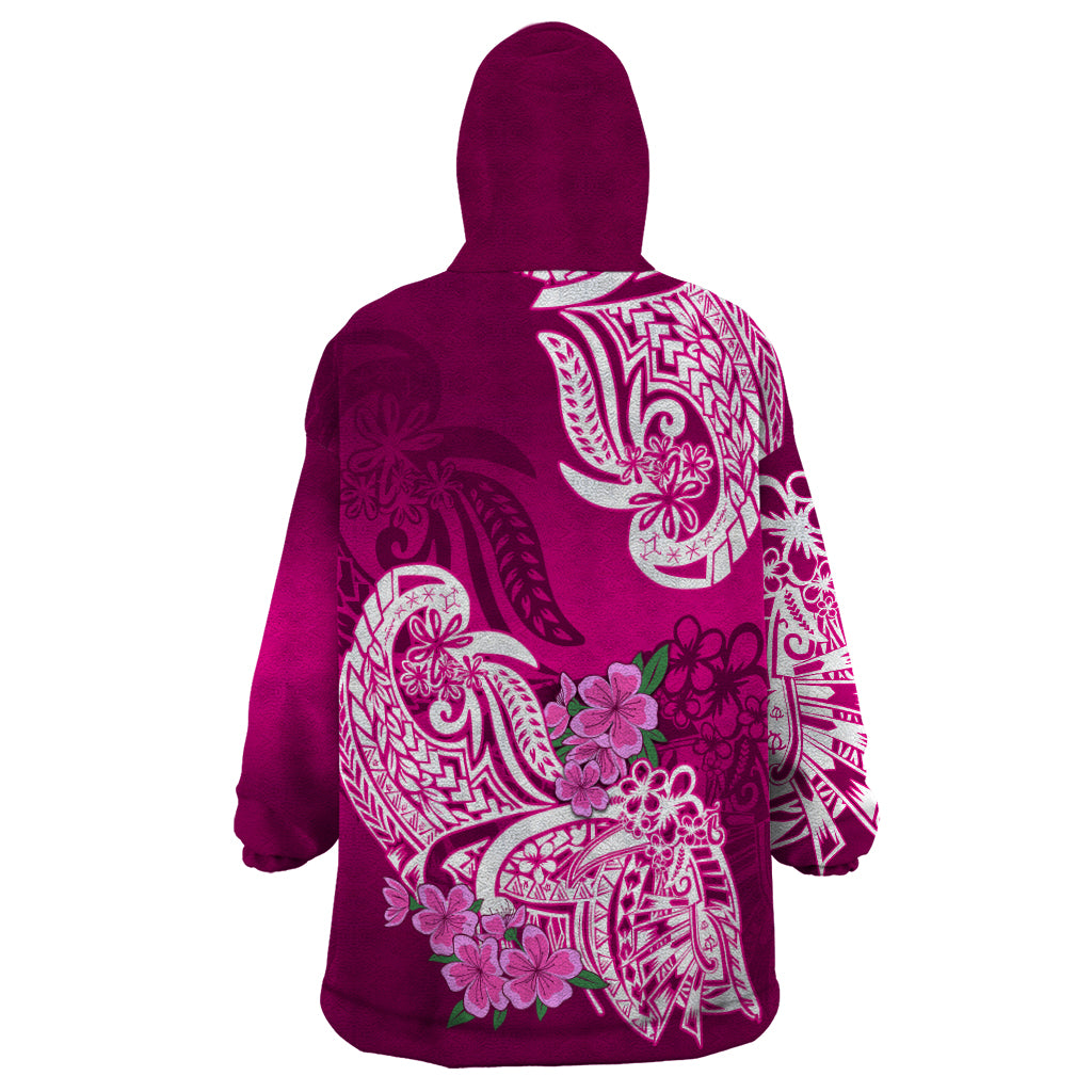 Polynesian Wearable Blanket Hoodie Pacific Flower Mix Floral Tribal Tattoo Pink Vibe LT9 - Polynesian Pride