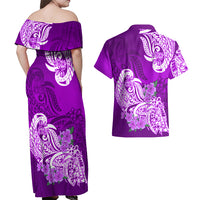 Polynesian Couples Matching Off Shoulder Maxi Dress and Hawaiian Shirt Pacific Flower Mix Floral Tribal Tattoo Purple Vibe LT9 - Polynesian Pride