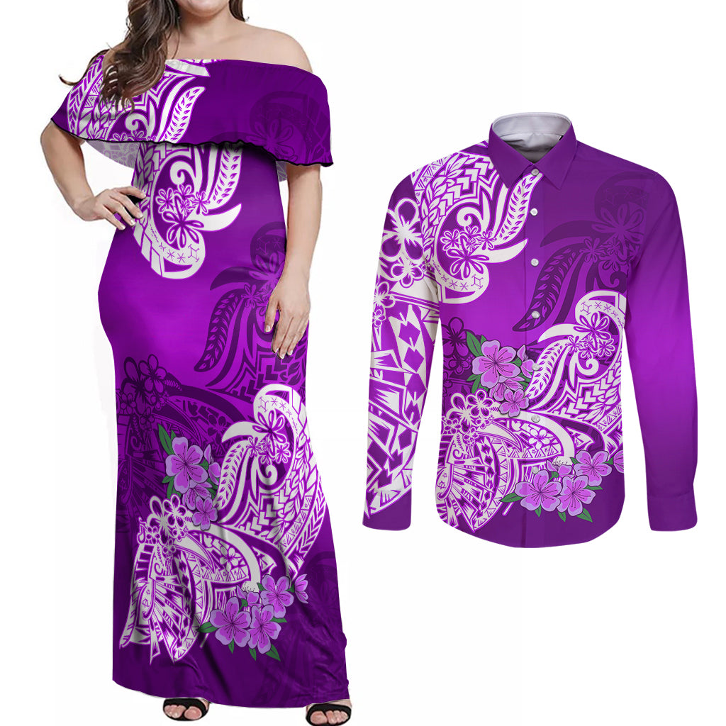 Polynesian Couples Matching Off Shoulder Maxi Dress and Long Sleeve Button Shirts Pacific Flower Mix Floral Tribal Tattoo Purple Vibe LT9 Purple - Polynesian Pride