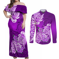 Polynesian Couples Matching Off Shoulder Maxi Dress and Long Sleeve Button Shirts Pacific Flower Mix Floral Tribal Tattoo Purple Vibe LT9 Purple - Polynesian Pride