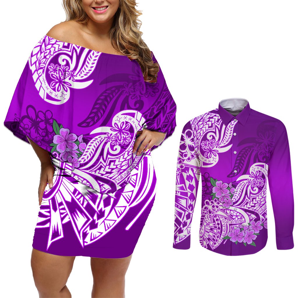 Polynesian Couples Matching Off Shoulder Short Dress and Long Sleeve Button Shirts Pacific Flower Mix Floral Tribal Tattoo Purple Vibe LT9 Purple - Polynesian Pride