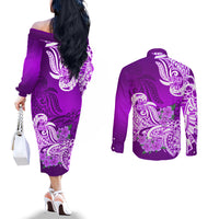 Polynesian Couples Matching Off The Shoulder Long Sleeve Dress and Long Sleeve Button Shirts Pacific Flower Mix Floral Tribal Tattoo Purple Vibe LT9 - Polynesian Pride