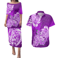 Polynesian Couples Matching Puletasi Dress and Hawaiian Shirt Pacific Flower Mix Floral Tribal Tattoo Purple Vibe LT9 Purple - Polynesian Pride