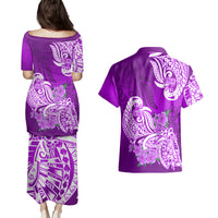 Polynesian Couples Matching Puletasi Dress and Hawaiian Shirt Pacific Flower Mix Floral Tribal Tattoo Purple Vibe LT9 - Polynesian Pride