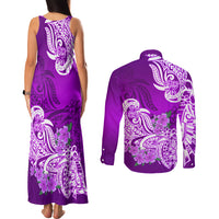 Polynesian Couples Matching Tank Maxi Dress and Long Sleeve Button Shirts Pacific Flower Mix Floral Tribal Tattoo Purple Vibe LT9 - Polynesian Pride