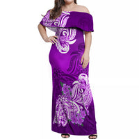 Polynesian Off Shoulder Maxi Dress Pacific Flower Mix Floral Tribal Tattoo Purple Vibe LT9 Women Purple - Polynesian Pride