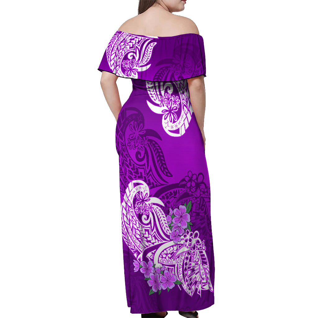 Polynesian Off Shoulder Maxi Dress Pacific Flower Mix Floral Tribal Tattoo Purple Vibe LT9 - Polynesian Pride