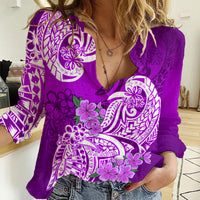 Polynesian Women Casual Shirt Pacific Flower Mix Floral Tribal Tattoo Purple Vibe LT9 Female Purple - Polynesian Pride