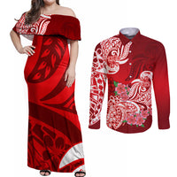 Polynesian Couples Matching Off Shoulder Maxi Dress and Long Sleeve Button Shirts Pacific Flower Mix Floral Tribal Tattoo Red Vibe LT9 Red - Polynesian Pride