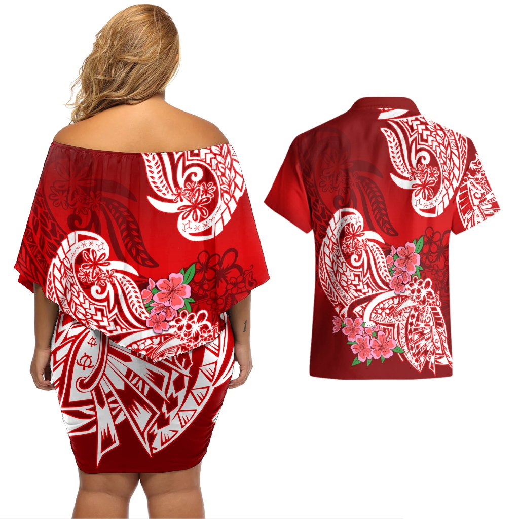 Polynesian Couples Matching Off Shoulder Short Dress and Hawaiian Shirt Pacific Flower Mix Floral Tribal Tattoo Red Vibe LT9 - Polynesian Pride