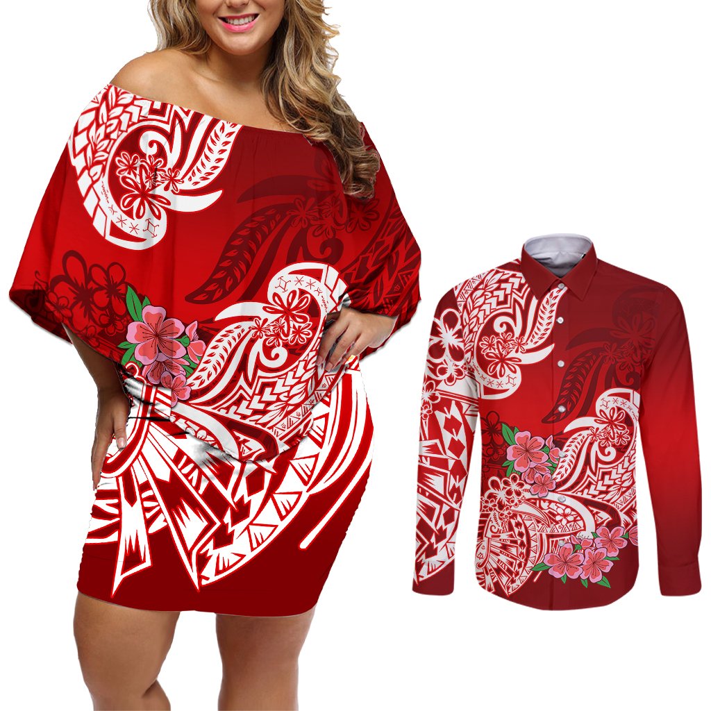 Polynesian Couples Matching Off Shoulder Short Dress and Long Sleeve Button Shirts Pacific Flower Mix Floral Tribal Tattoo Red Vibe LT9 Red - Polynesian Pride