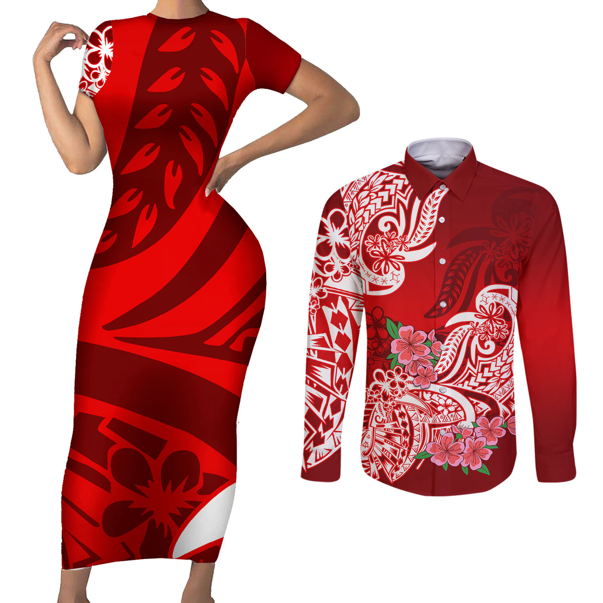 Polynesian Couples Matching Short Sleeve Bodycon Dress and Long Sleeve Button Shirts Pacific Flower Mix Floral Tribal Tattoo Red Vibe LT9 Red - Polynesian Pride