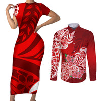 Polynesian Couples Matching Short Sleeve Bodycon Dress and Long Sleeve Button Shirts Pacific Flower Mix Floral Tribal Tattoo Red Vibe LT9 Red - Polynesian Pride