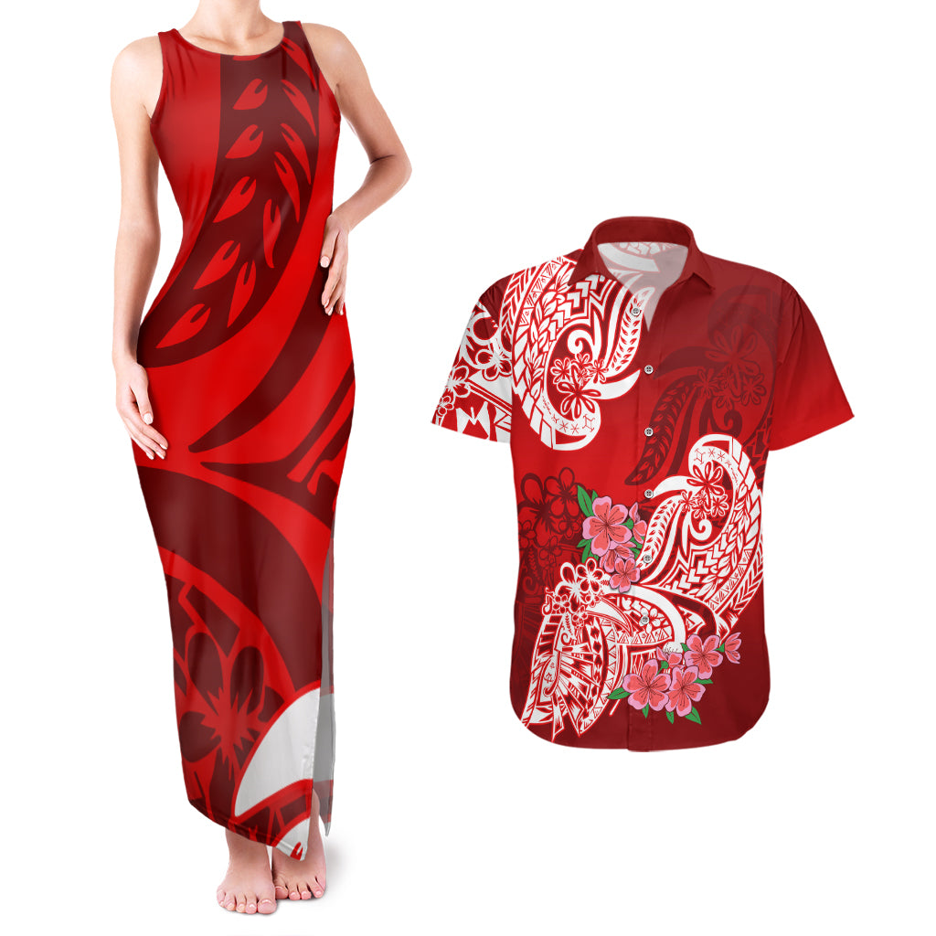 Polynesian Couples Matching Tank Maxi Dress And Hawaiian Shirt Pacific Flower Mix Floral Tribal Tattoo Red Vibe LT9 Red - Polynesian Pride