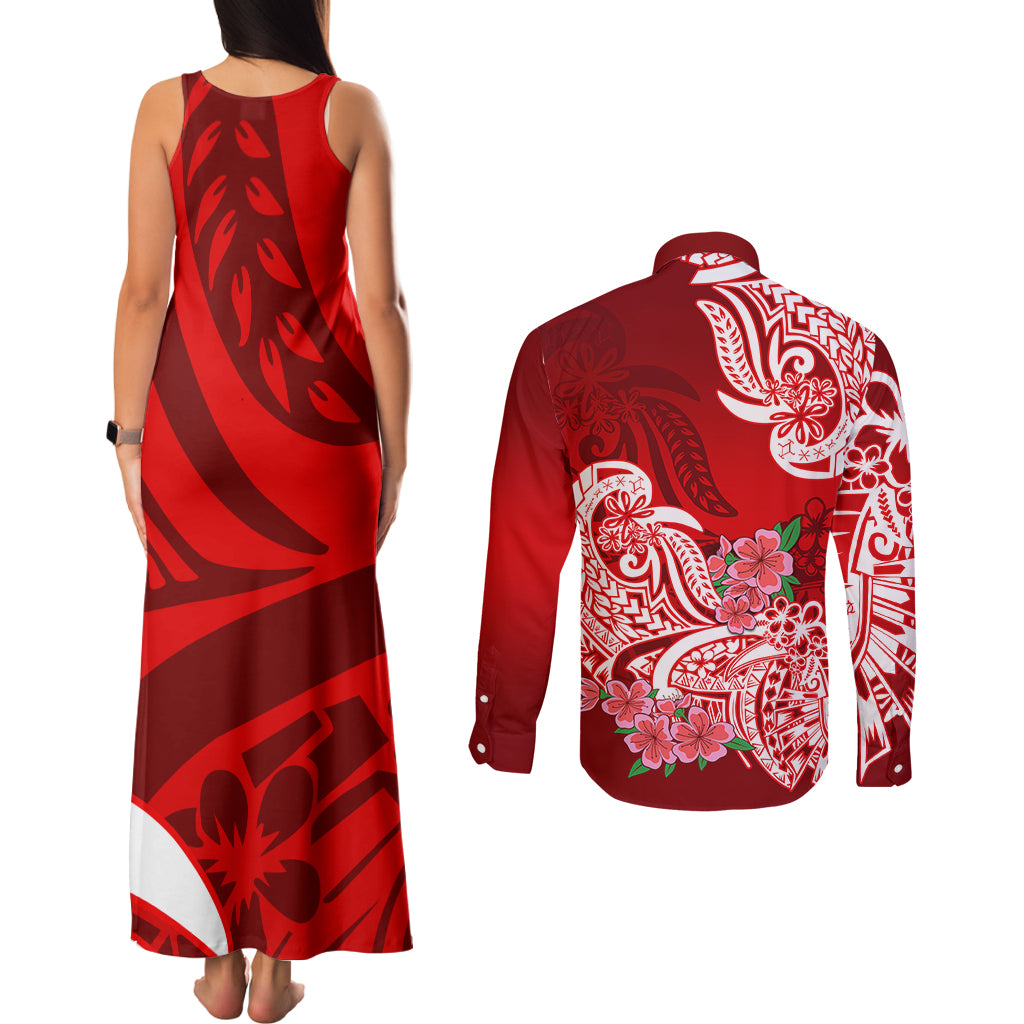 Polynesian Couples Matching Tank Maxi Dress and Long Sleeve Button Shirts Pacific Flower Mix Floral Tribal Tattoo Red Vibe LT9 - Polynesian Pride