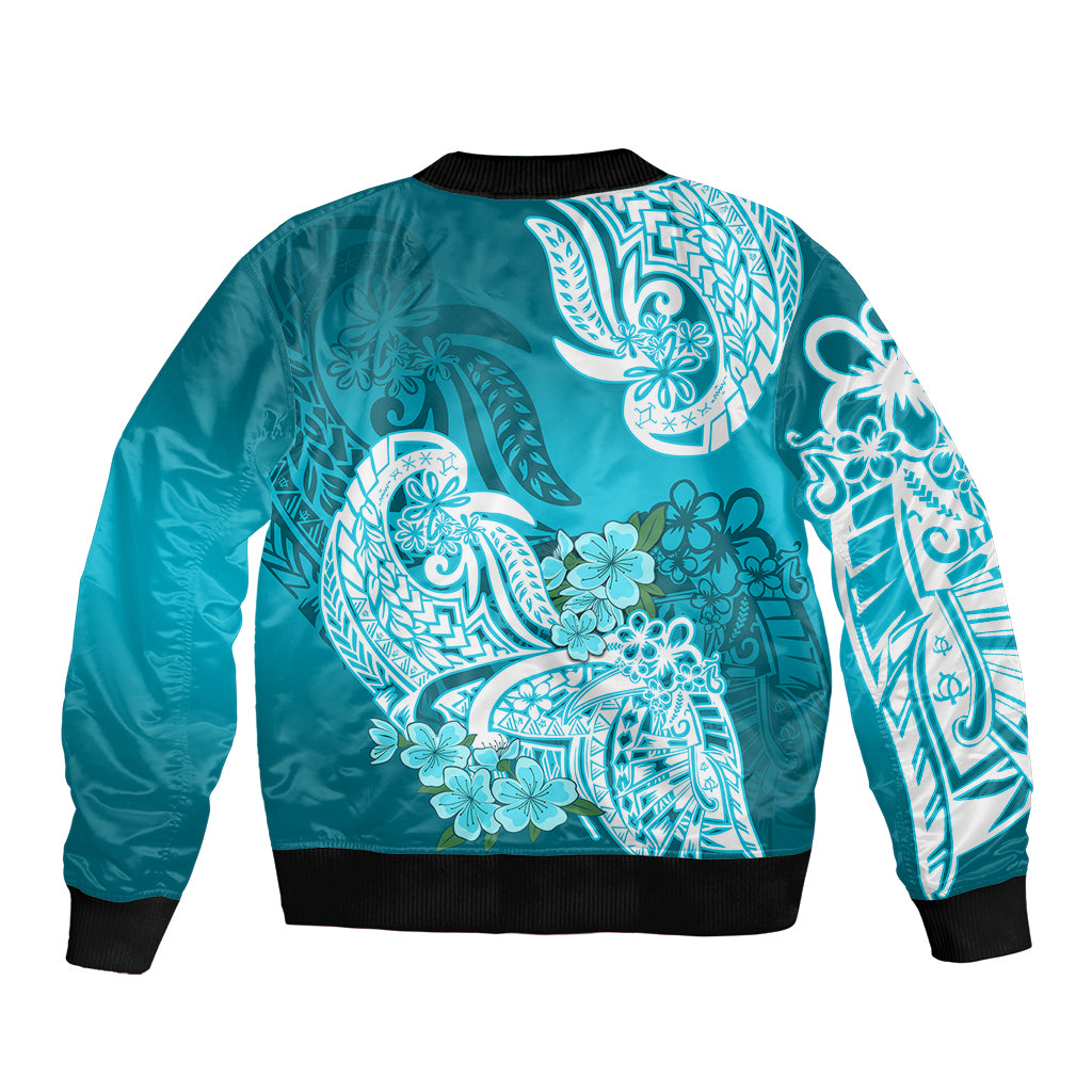 Polynesian Bomber Jacket Pacific Flower Mix Floral Tribal Tattoo Aqua Vibe LT9 - Polynesian Pride