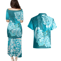 Polynesian Couples Matching Puletasi Dress and Hawaiian Shirt Pacific Flower Mix Floral Tribal Tattoo Aqua Vibe LT9 - Polynesian Pride