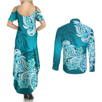 Polynesian Couples Matching Summer Maxi Dress and Long Sleeve Button Shirts Pacific Flower Mix Floral Tribal Tattoo Aqua Vibe LT9 - Polynesian Pride