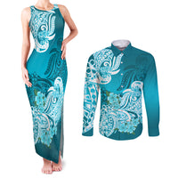Polynesian Couples Matching Tank Maxi Dress and Long Sleeve Button Shirts Pacific Flower Mix Floral Tribal Tattoo Aqua Vibe LT9 Aqua - Polynesian Pride