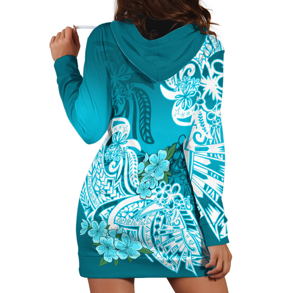 Polynesian Hoodie Dress Pacific Flower Mix Floral Tribal Tattoo Aqua Vibe LT9 - Polynesian Pride