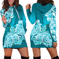 Polynesian Hoodie Dress Pacific Flower Mix Floral Tribal Tattoo Aqua Vibe LT9 - Polynesian Pride