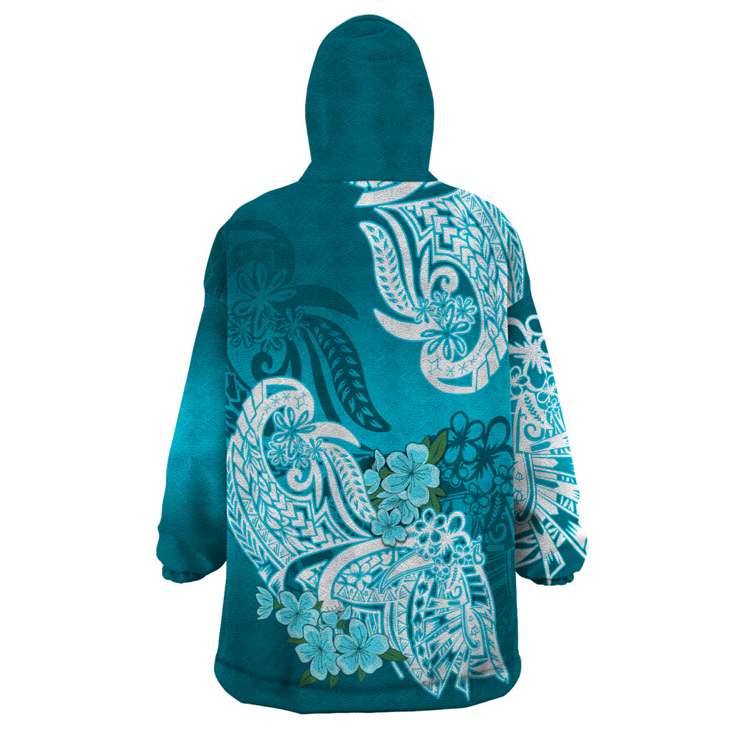 Polynesian Wearable Blanket Hoodie Pacific Flower Mix Floral Tribal Tattoo Aqua Vibe LT9 - Polynesian Pride