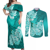 Polynesian Couples Matching Off Shoulder Maxi Dress and Long Sleeve Button Shirts Pacific Flower Mix Floral Tribal Tattoo Turquoise Vibe LT9 Turquoise - Polynesian Pride