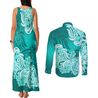 Polynesian Couples Matching Tank Maxi Dress and Long Sleeve Button Shirts Pacific Flower Mix Floral Tribal Tattoo Turquoise Vibe LT9 - Polynesian Pride