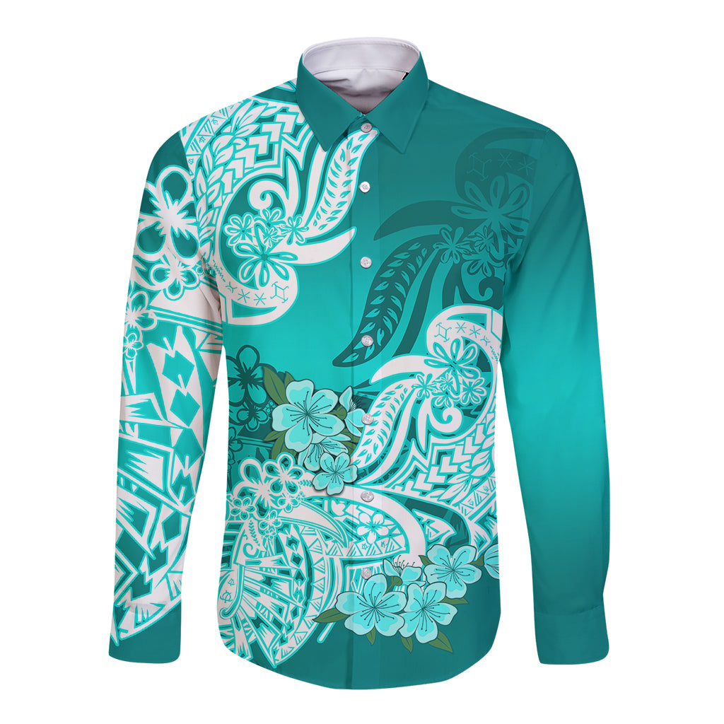 Polynesian Long Sleeve Button Shirt Pacific Flower Mix Floral Tribal Tattoo Turquoise Vibe LT9 Unisex Turquoise - Polynesian Pride