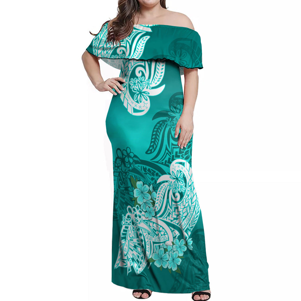 Polynesian Off Shoulder Maxi Dress Pacific Flower Mix Floral Tribal Tattoo Turquoise Vibe LT9 Women Turquoise - Polynesian Pride