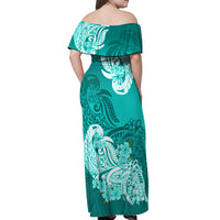 Polynesian Off Shoulder Maxi Dress Pacific Flower Mix Floral Tribal Tattoo Turquoise Vibe LT9 - Polynesian Pride