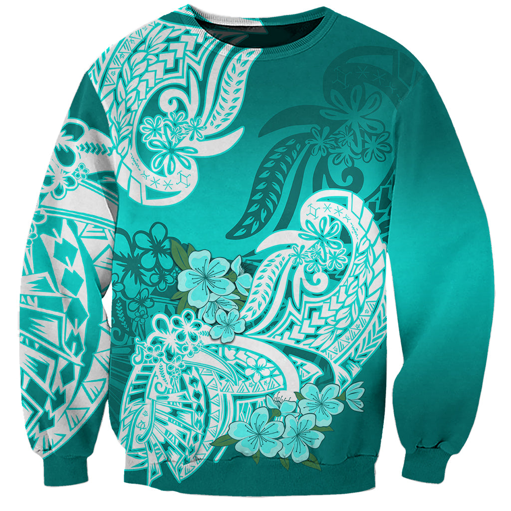 Polynesian Sweatshirt Pacific Flower Mix Floral Tribal Tattoo Turquoise Vibe LT9 Unisex Turquoise - Polynesian Pride