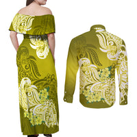Polynesian Couples Matching Off Shoulder Maxi Dress and Long Sleeve Button Shirts Pacific Flower Mix Floral Tribal Tattoo Yellow Vibe LT9 - Polynesian Pride