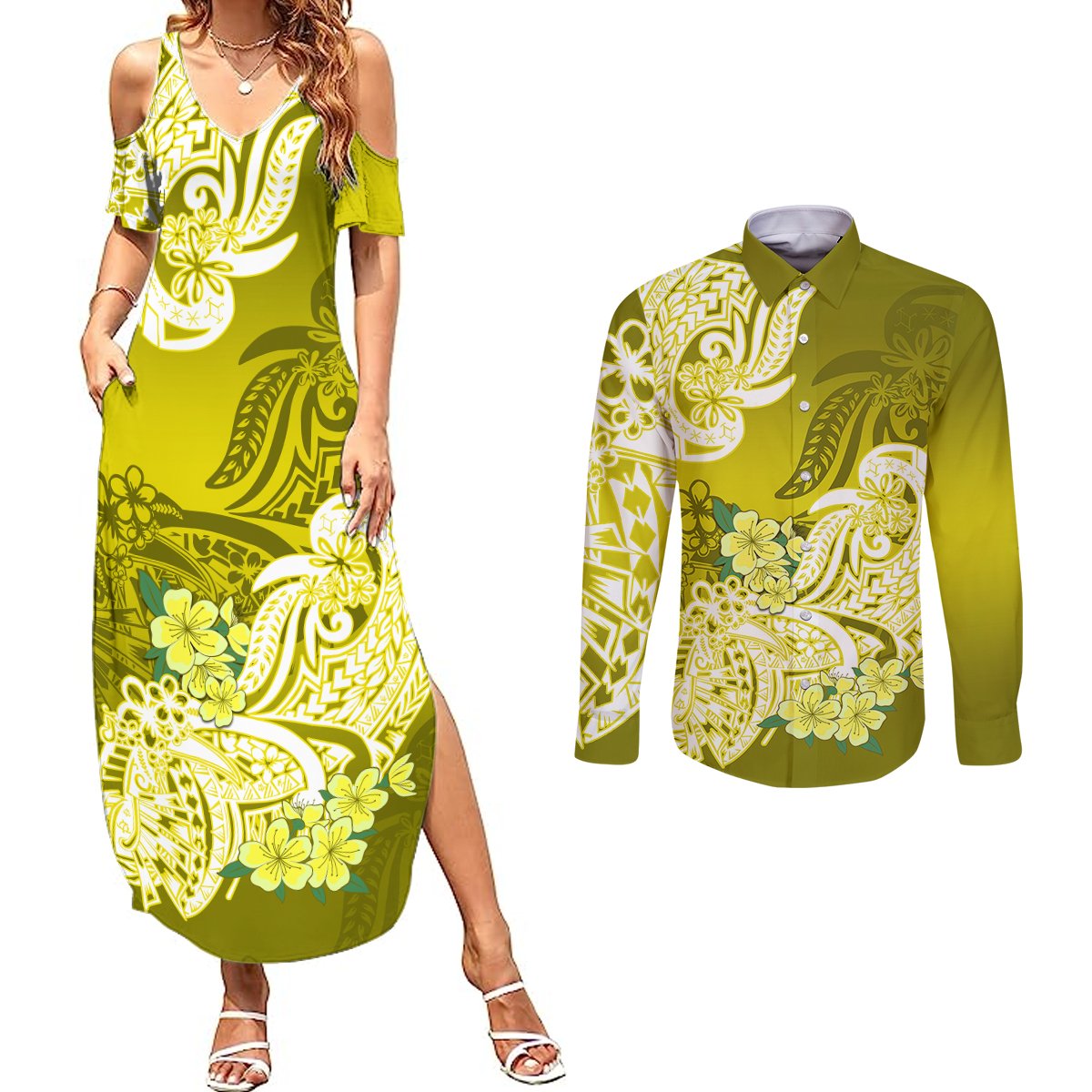 Polynesian Couples Matching Summer Maxi Dress and Long Sleeve Button Shirts Pacific Flower Mix Floral Tribal Tattoo Yellow Vibe LT9 Yellow - Polynesian Pride