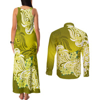 Polynesian Couples Matching Tank Maxi Dress and Long Sleeve Button Shirts Pacific Flower Mix Floral Tribal Tattoo Yellow Vibe LT9 - Polynesian Pride