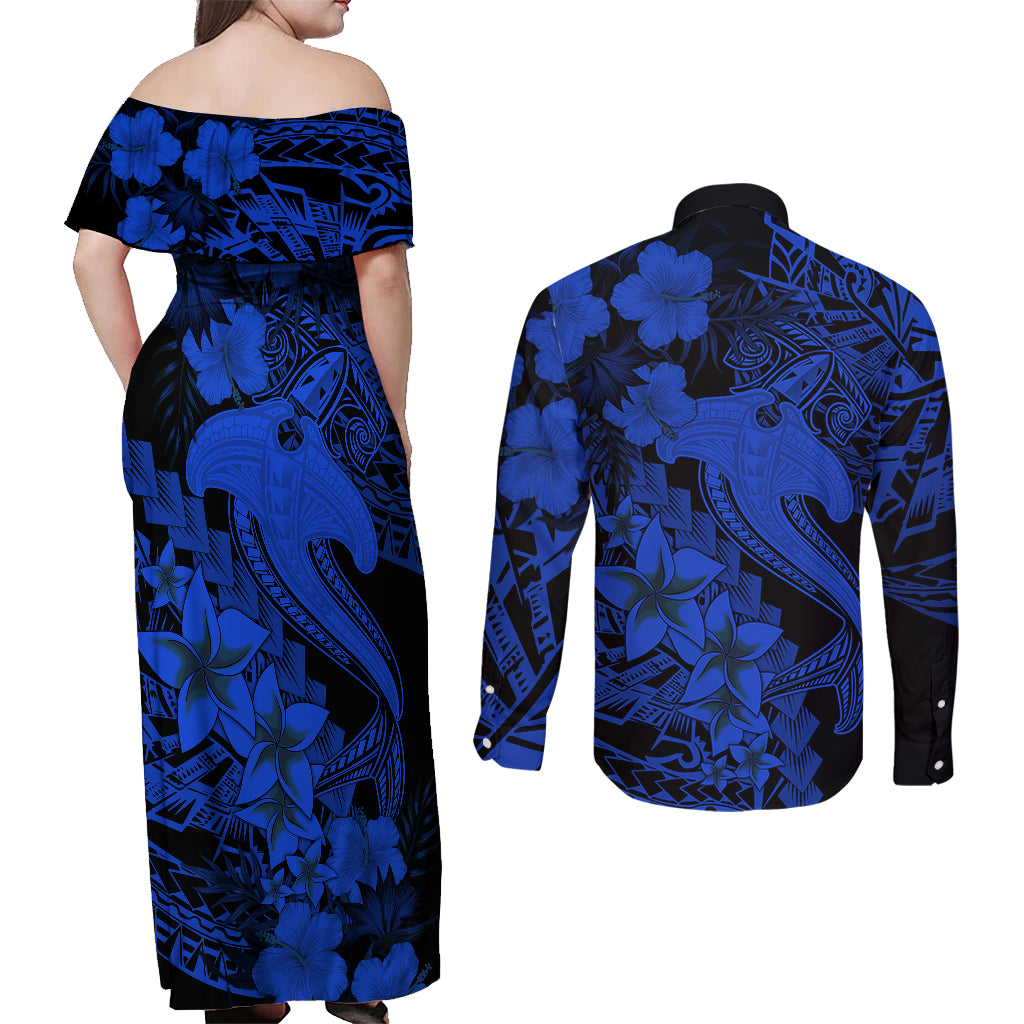 Aloha Hawaii Couples Matching Off Shoulder Maxi Dress and Long Sleeve Button Shirts Hammerhead Shark Tattoo Polynesian Summer - Blue LT9 - Polynesian Pride