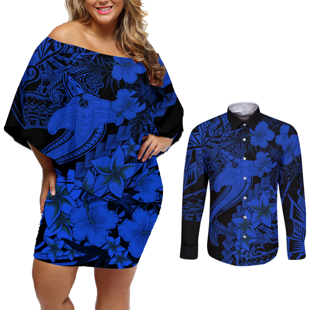 Aloha Hawaii Couples Matching Off Shoulder Short Dress and Long Sleeve Button Shirts Hammerhead Shark Tattoo Polynesian Summer - Blue LT9 Blue - Polynesian Pride