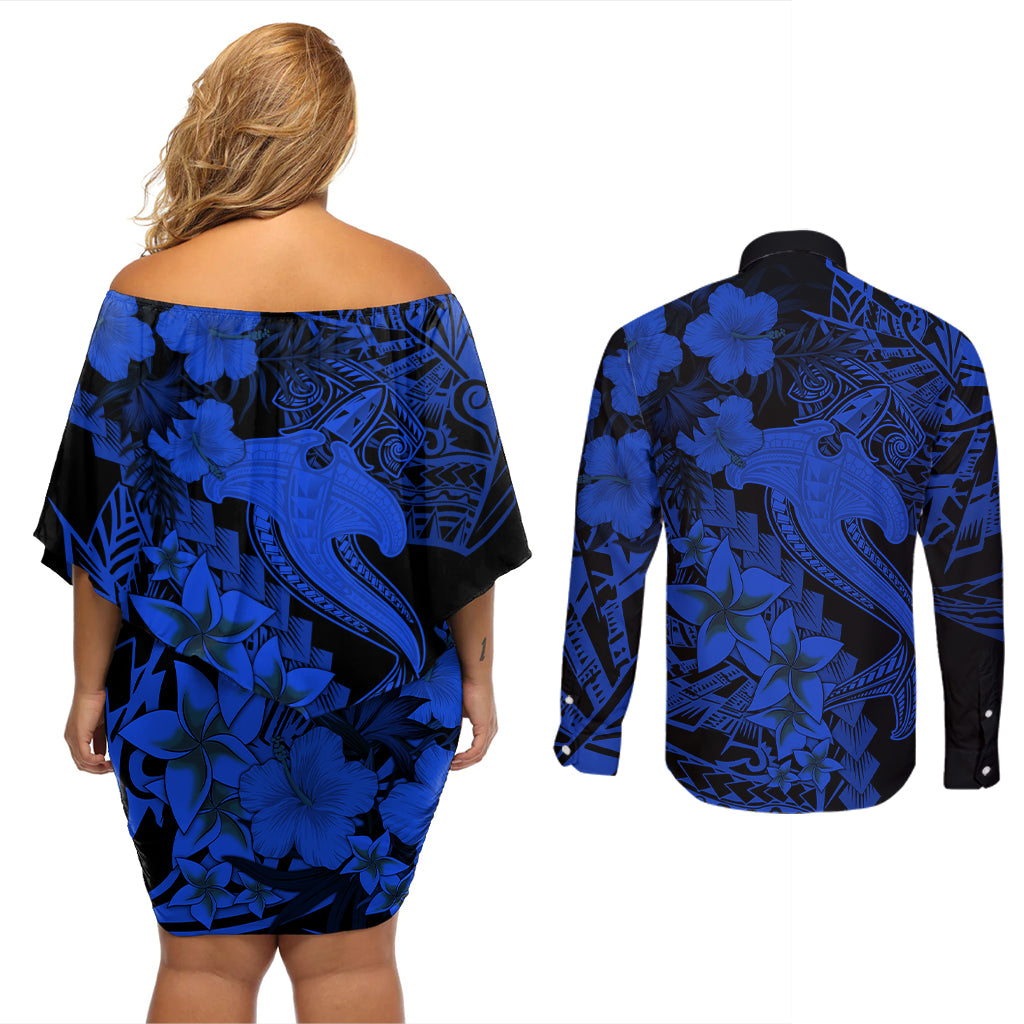 Aloha Hawaii Couples Matching Off Shoulder Short Dress and Long Sleeve Button Shirts Hammerhead Shark Tattoo Polynesian Summer - Blue LT9 - Polynesian Pride