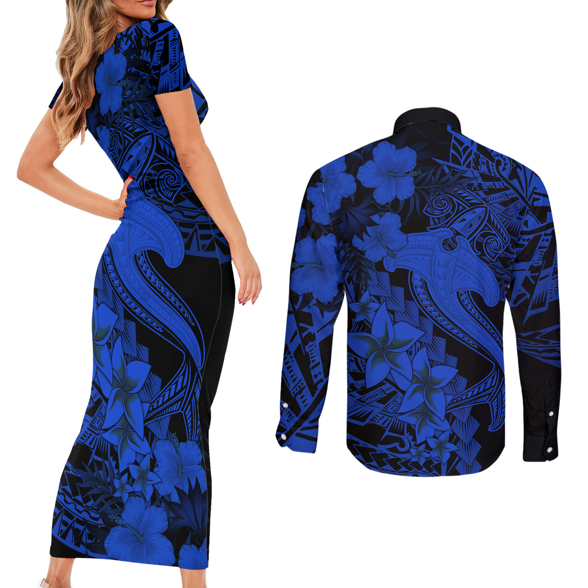 Aloha Hawaii Couples Matching Short Sleeve Bodycon Dress and Long Sleeve Button Shirts Hammerhead Shark Tattoo Polynesian Summer - Blue LT9 - Polynesian Pride