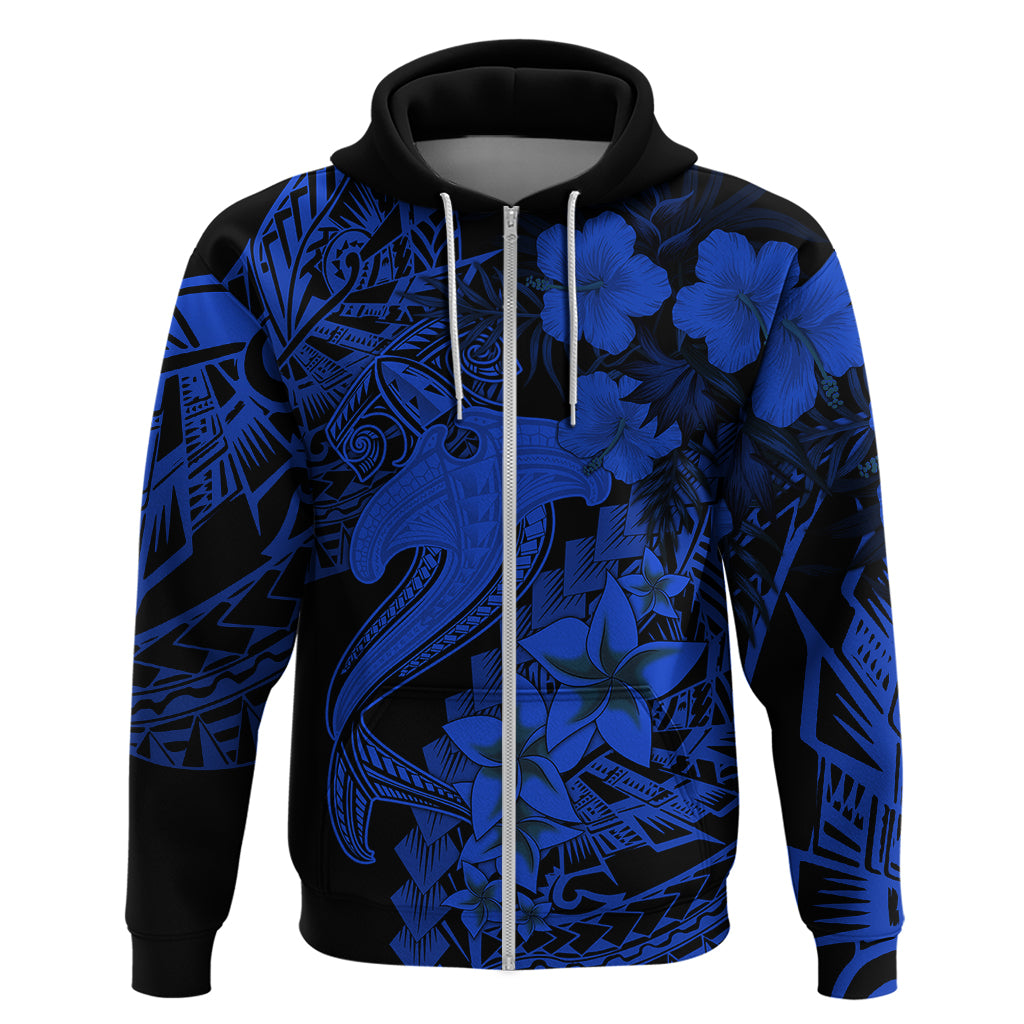 Aloha Hawaii Hoodie Hammerhead Shark Tattoo Polynesian Summer - Blue LT9 Zip Hoodie Blue - Polynesian Pride