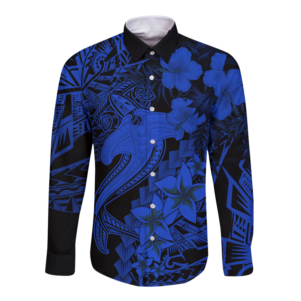Aloha Hawaii Long Sleeve Button Shirt Hammerhead Shark Tattoo Polynesian Summer - Blue LT9 Unisex Blue - Polynesian Pride