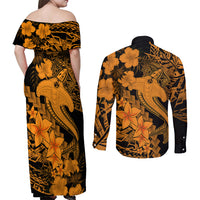 Aloha Hawaii Couples Matching Off Shoulder Maxi Dress and Long Sleeve Button Shirts Hammerhead Shark Tattoo Polynesian Summer - Gold LT9 - Polynesian Pride
