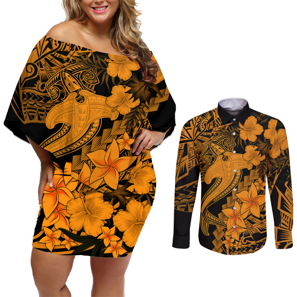 Aloha Hawaii Couples Matching Off Shoulder Short Dress and Long Sleeve Button Shirts Hammerhead Shark Tattoo Polynesian Summer - Gold LT9 Gold - Polynesian Pride
