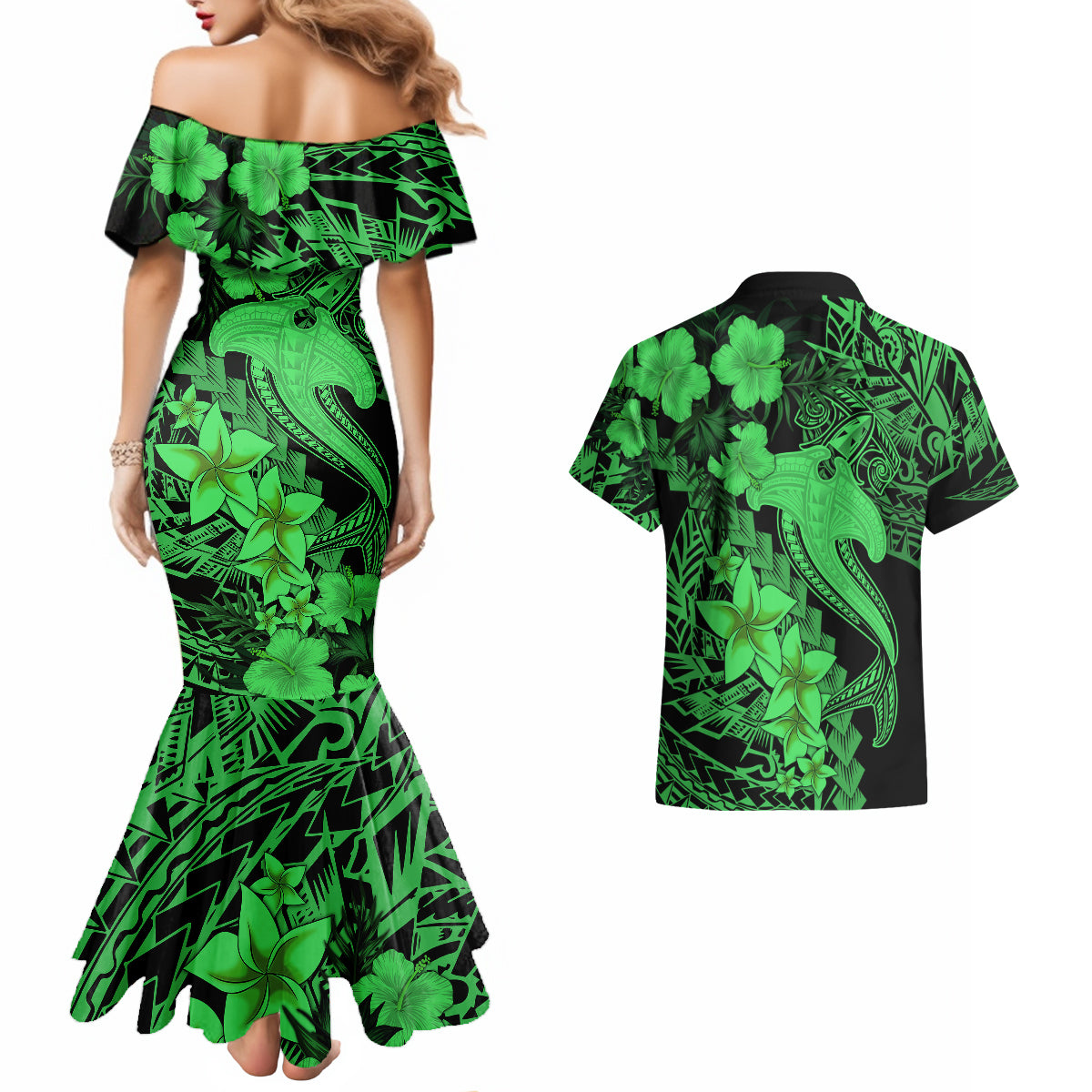 Aloha Hawaii Couples Matching Mermaid Dress And Hawaiian Shirt Hammerhead Shark Tattoo Polynesian Summer - Green LT9 - Polynesian Pride
