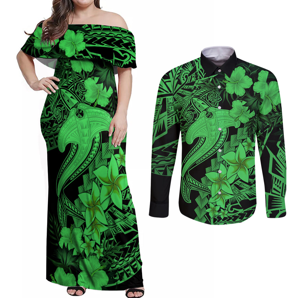 Aloha Hawaii Couples Matching Off Shoulder Maxi Dress and Long Sleeve Button Shirts Hammerhead Shark Tattoo Polynesian Summer - Green LT9 Green - Polynesian Pride
