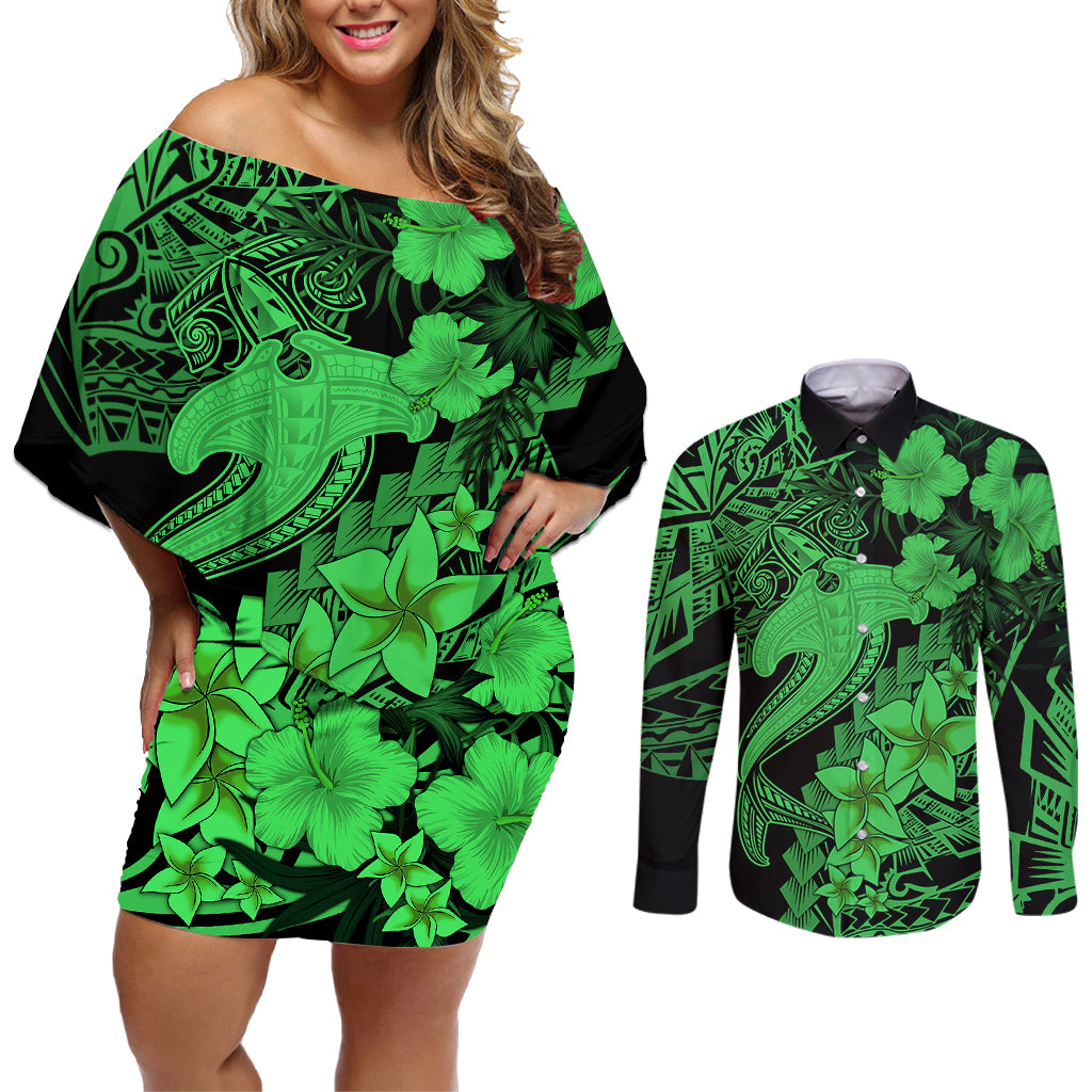 Aloha Hawaii Couples Matching Off Shoulder Short Dress and Long Sleeve Button Shirts Hammerhead Shark Tattoo Polynesian Summer - Green LT9 Green - Polynesian Pride